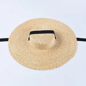 Chapeau de Paille pour Femme Large Bord Dessus Plat Chapeau de Soleil Été Plage Vacances Voyage Chapeau Avec Ruban Noir Casquette de Protection Solaire Mode