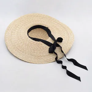Chapeau de paille à large bord pour femme avec ruban noir, chapeau de soleil de plage d'été.