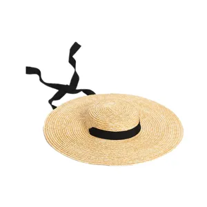 Chapeau de paille à bord extra large plat été plage protection solaire avec ruban noir