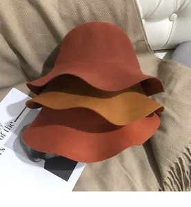 Women wool felt bucket hat detail shot, wavy wide brim vintage winter hat in multiple colors.