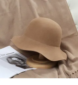 Wool felt bucket hat for women autumn winter vintage wide brim cloche hat solid color casual
