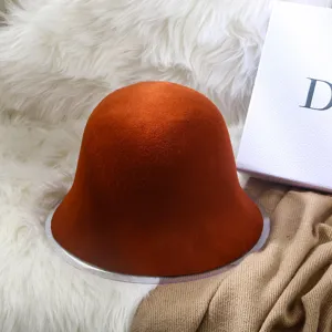 Dames herfst winter wolvilt klokhoed trendy emmer hoed oranje effen kleur stijl.