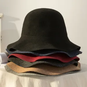 Women winter wool felt bucket hat retro wave brim wide basin hat casual elegant outdoor cap