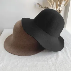 Women woolen bucket hat autumn winter vintage wide brim basin hat casual elegant black khaki