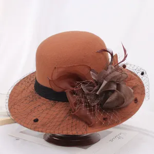 Women autumn winter wool felt hat vintage hepburn style mesh veil flower fedora bowler cap