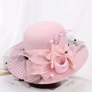 Women autumn winter wool felt hat elegant mesh flower cloche fedora hat pink