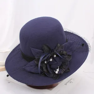 Elegant women wool felt basin hat with mesh lace flower pearls autumn winter retro headwear