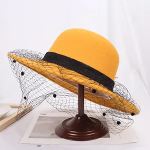 Women yellow wool bucket hat with black lace and mesh veil, elegant Hepburn style cloche hat.