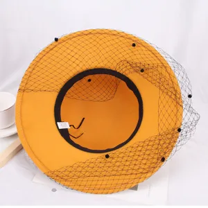 Women's autumn winter wool felt bucket hat elegant mesh veil vintage fisherman cap stylish yellow