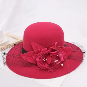 Women autumn winter wool felt hat vintage Hepburn style mesh veil elegant flower cloche hat