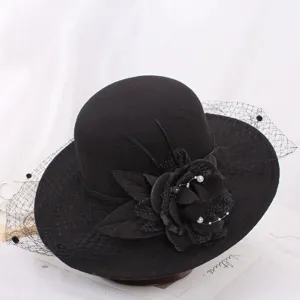 Womens autumn winter black felt bucket hat elegant floral mesh Audrey Hepburn style fashion