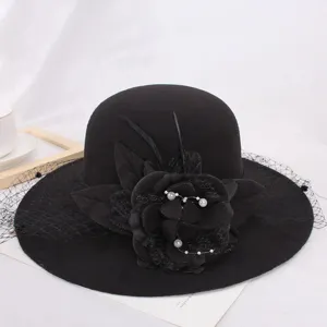 Black wool felt bucket hat with elegant flower pearl mesh veil vintage fedora winter warm