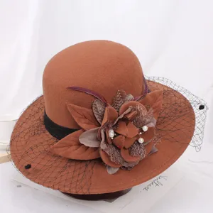 Women autumn winter wool felt bucket hat vintage Hepburn style mesh veil elegant floral cap