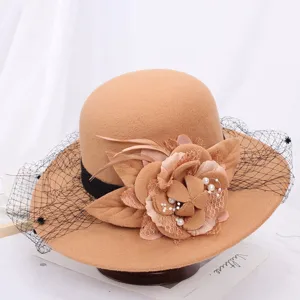 Elegant women autumn winter wool felt bucket hat with mesh veil and floral decor.