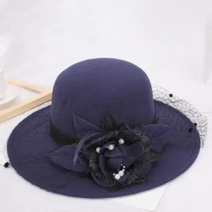 Elegant navy blue wool felt fedora hat with black mesh veil flower pearls for women autumn