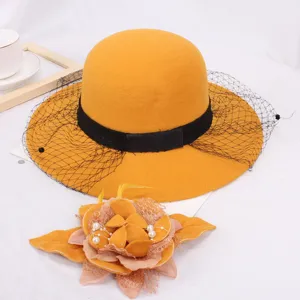 Women winter wool bucket hat elegant mesh veil hat with pearl flower brooch chic headwear