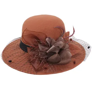 Women autumn winter vintage brown wool felt hat elegant mesh flower cloche bucket hat