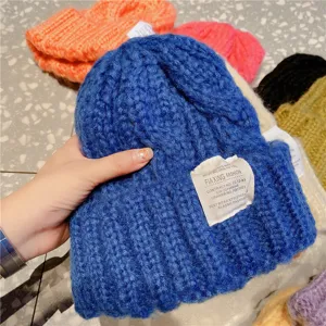 Bonnet tricoté chaud d'hiver pour femme, bonnet épais en laine avec patch stylé.