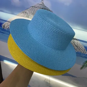 Chapeau de paille plat d'été chapeau de plage coloré tissé femmes vacances chapeau chic