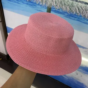 Chapeau de paille rose pour femme chapeau de batelier plat d'ete chapeau de soleil de plage