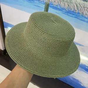 Chapeau de paille vert pour femme, canotier plat d'été, chapeau de soleil de plage tissé.