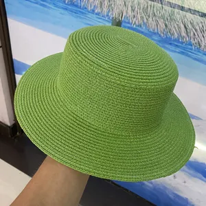 Chapeau de paille vert pour femme, chapeau de soleil d'été, chapeau plat tressé stylé.