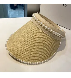Perlen Stroh Sonnenblende Hut für Damen, Sommer Strand breite Krempe Anti-UV Sonnenhut.
