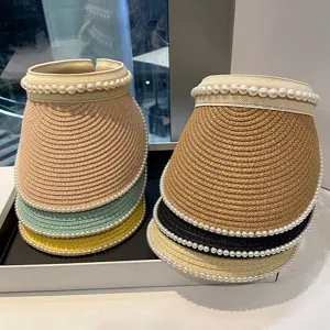 Damen Sommer Strohhut Visierhut Sonnenschutz Strand Kappe Handgemachte Perle Perlen Casual Urlaubs Hut