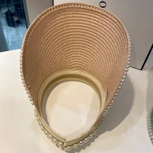 Damen Stroh Sonnenblende Sommer leerer Top Strandhut Perlen verziert breite Krempe