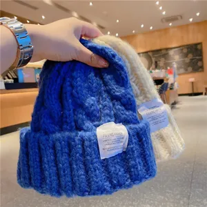 Gros bonnet en tricot torsadé hiver chapeau chaud bleu et beige confortable style mode