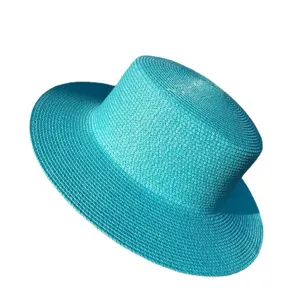 Chapeau de Paille à Haut Plat pour Femmes Été Décontracté Protection Solaire Panama Tissé pour Voyage Vacances Couleur Unie