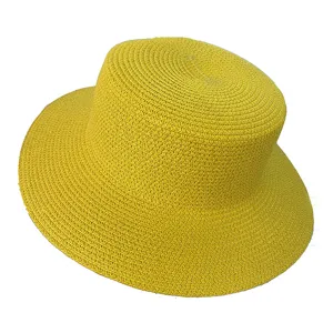 Femme chapeau de paille plat jaune été plage chapeau de soleil vacances tissé élégant