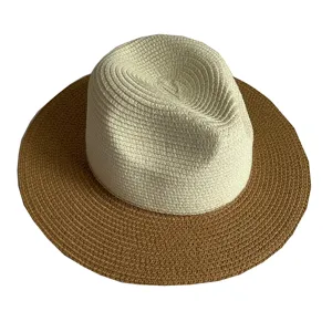 Two-tone straw hat detail view, white crown and brown wide brim panama sun hat for women.