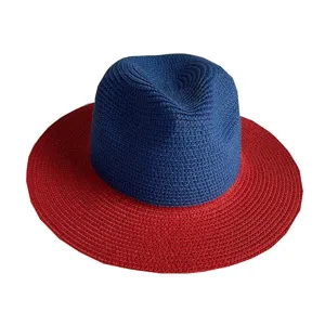 Blue crown red brim straw hat detail, showing exquisite woven texture and contrast color design.