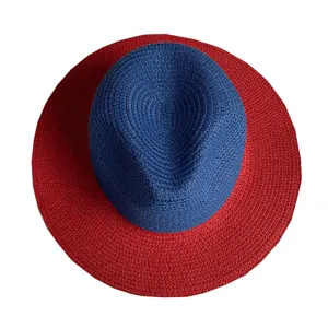 Stylish blue crown red brim straw hat, perfect summer beach sun protection fedora cap.