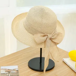 Large brim straw hat for women summer beach sun protection elegant bow stylish casual sunhat