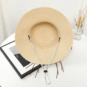 Sommer Stroh Sonnenhut für Damen, breite Krempe Strandhut mit verstellbarem Kinnriemen.