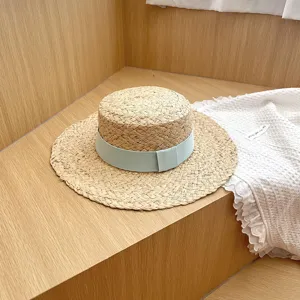 Dames raffia plat top strohoed zomer strand zonbescherming stijlvolle hoed detail