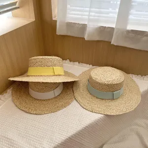 Raffia Stro Platte Kroon Zonnehoed Voor Dames Brede Rand Strand Lint Strohoed Zomer UV Bescherming Uitstapje Zonnescherm Hut