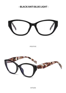 Occhiali anti luce blu cat-eye neri con grande montatura elegante per lavoro e uso quotidiano.