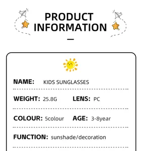 Tarjeta de especificación detallada para gafas de sol infantiles con lentes PC.