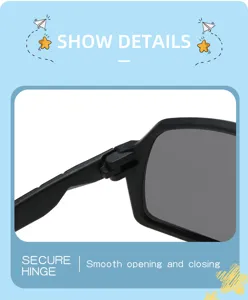 Detalle de gafas de sol deportivas infantiles, bisagra segura para apertura y cierre fluido.