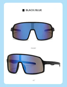 Vista detallada de gafas de sol deportivas para niños con lentes de espejo azules.