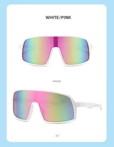 Detalle de gafas de sol de ciclismo infantil, montura blanca con lentes rosas coloridas.