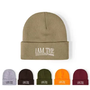 Casual Acryl Gebreide Slogan Muts Winter Warme Winddichte Ronde Bovenkant Randloze Omslag Muts Voor Heren Vrouwen