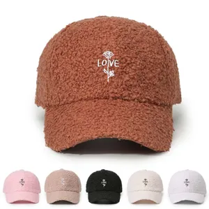 Faux Lamb Wool Baseball Cap Embroidered Rose Love Letter Curved Brim Adjustable Sun Protection Outdoor Cap For Unisex Sport Casual Hat