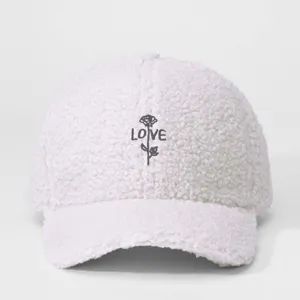 Faux shearling baseball cap with embroidered rose and LOVE letter, white winter warm outdoor hat.