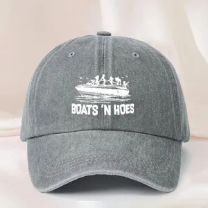 Classic grey washed cotton baseball cap with graphic print and adjustable strap design.