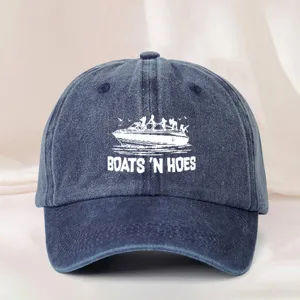 Washed denim baseball cap with boat print, adjustable outdoor casual hat for men and women.