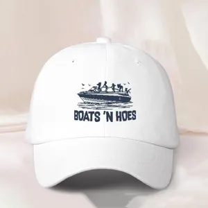 Classic white washed cotton baseball cap with graphic print and adjustable strap for outdoor.